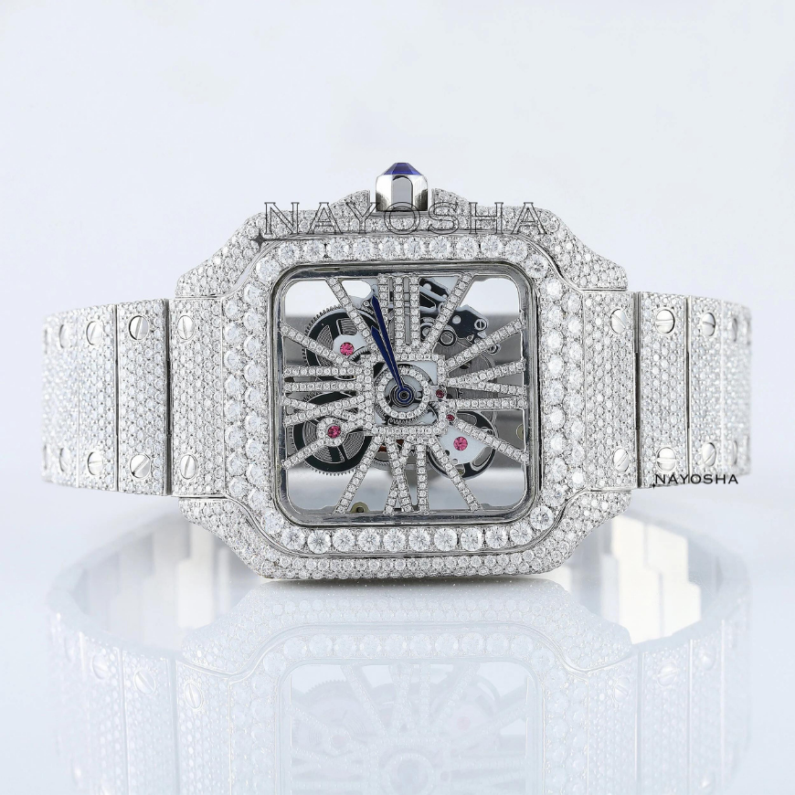 Luxury Bling 2024 New Fully Iced Out Skeleton VVS Moissanite Diamond in Stainless Steel Band Hip Hop Style Low Factory Price Men