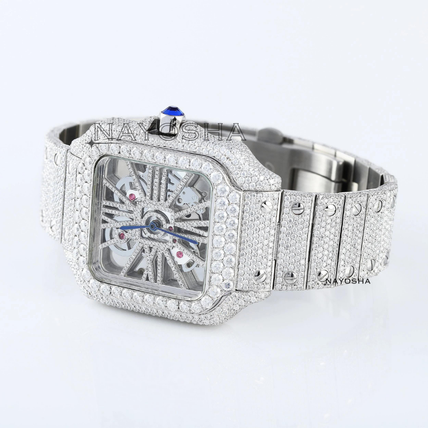 Luxury Bling 2024 New Fully Iced Out Skeleton VVS Moissanite Diamond in Stainless Steel Band Hip Hop Style Low Factory Price Men