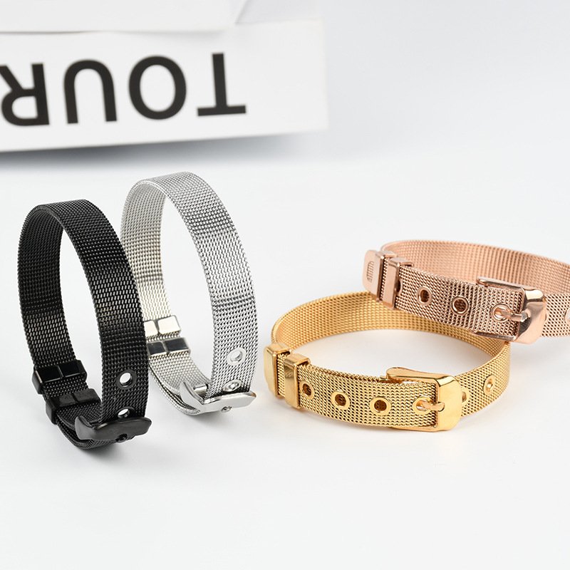 Stainless steel Elastic Charms 10 MM mesh wristband bracelet bangles Adjustable Belt Buckle Charm Bracelet Bangle Jewelry Women