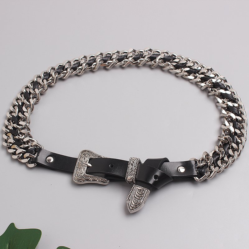 Top quality Fashion double-layer chain waist chain stitching Genuine Leather belt for women