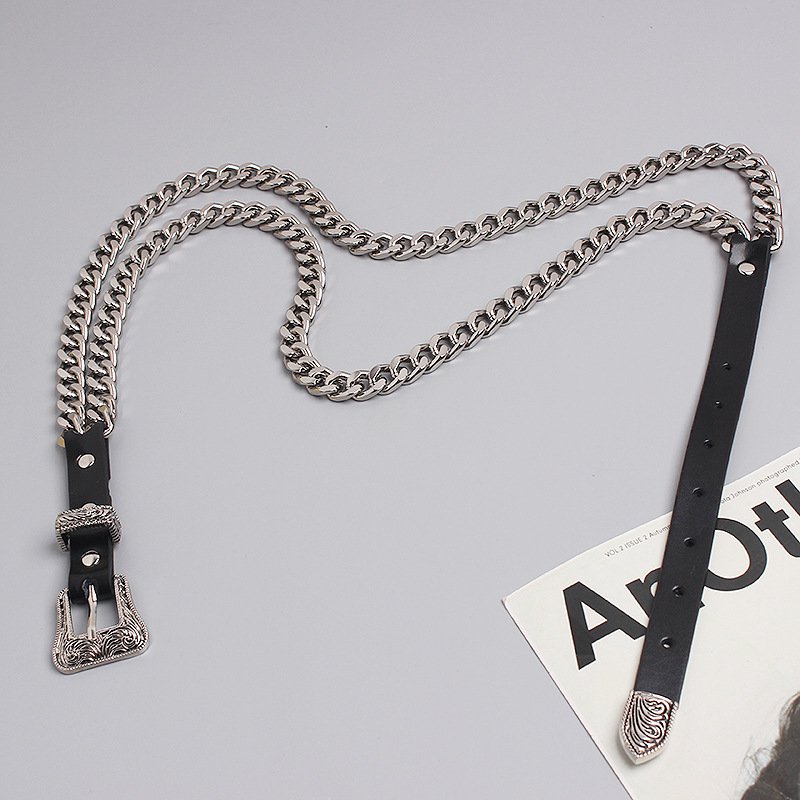 Top quality Fashion double-layer chain waist chain stitching Genuine Leather belt for women