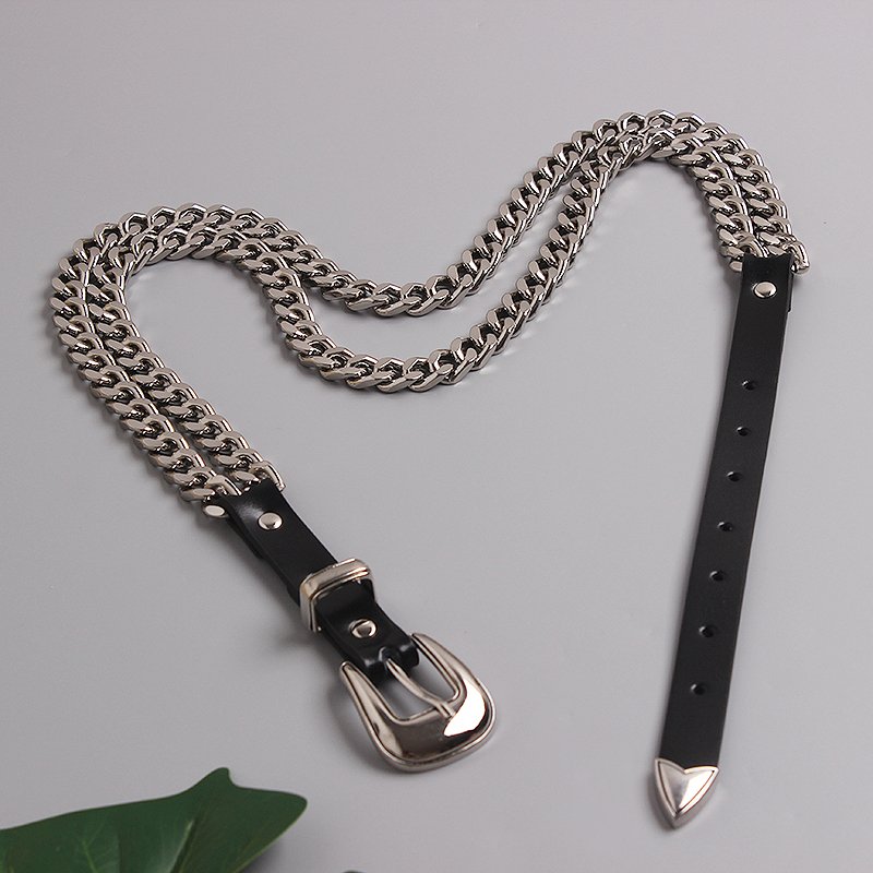 Top quality Fashion double-layer chain waist chain stitching Genuine Leather belt for women