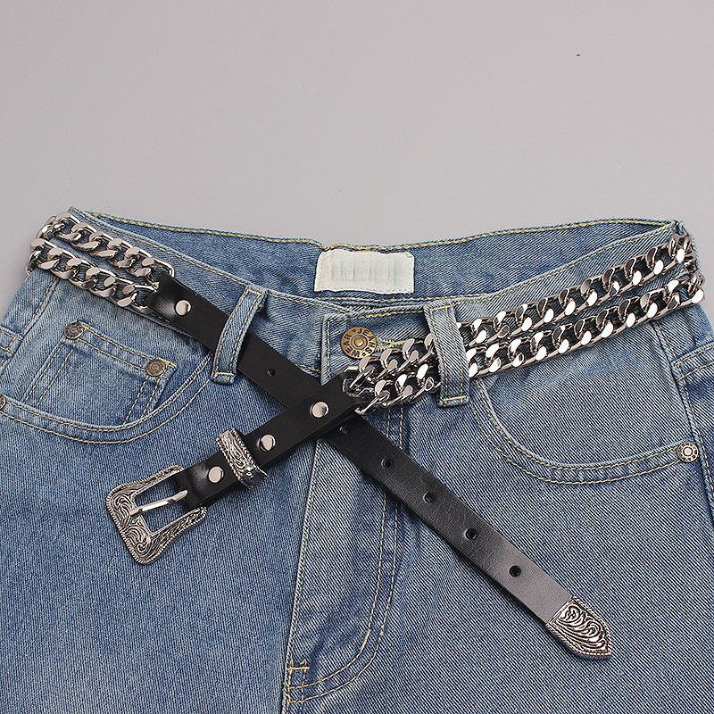Top quality Fashion double-layer chain waist chain stitching Genuine Leather belt for women