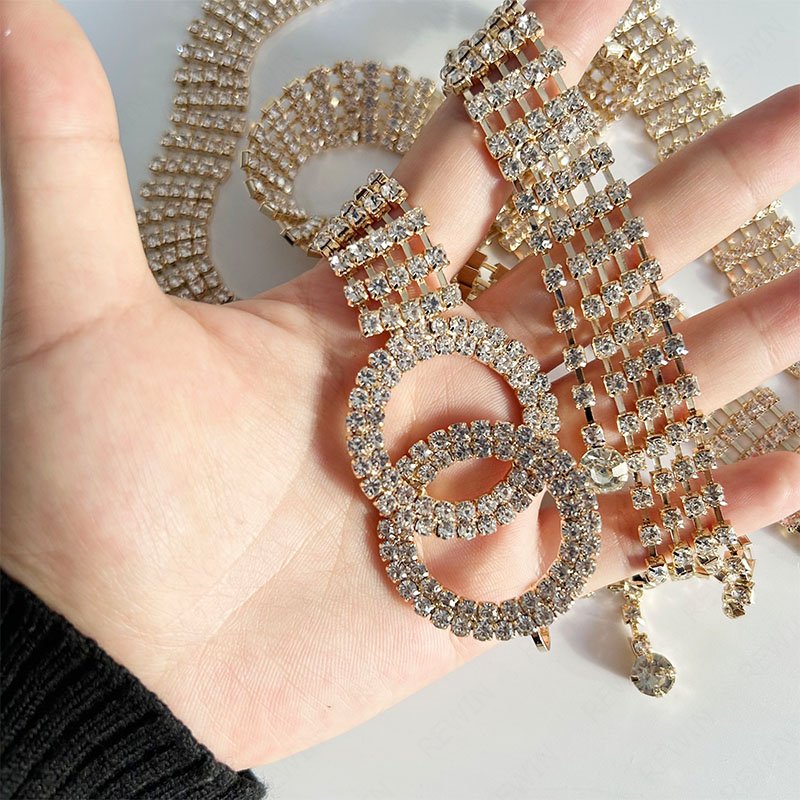 REWIN Fashion Women Sparkle Rhinestone Body Chain Belt With Double O-Ring Waistband Belt Crystal Waist Belt With Shinny Tassel
