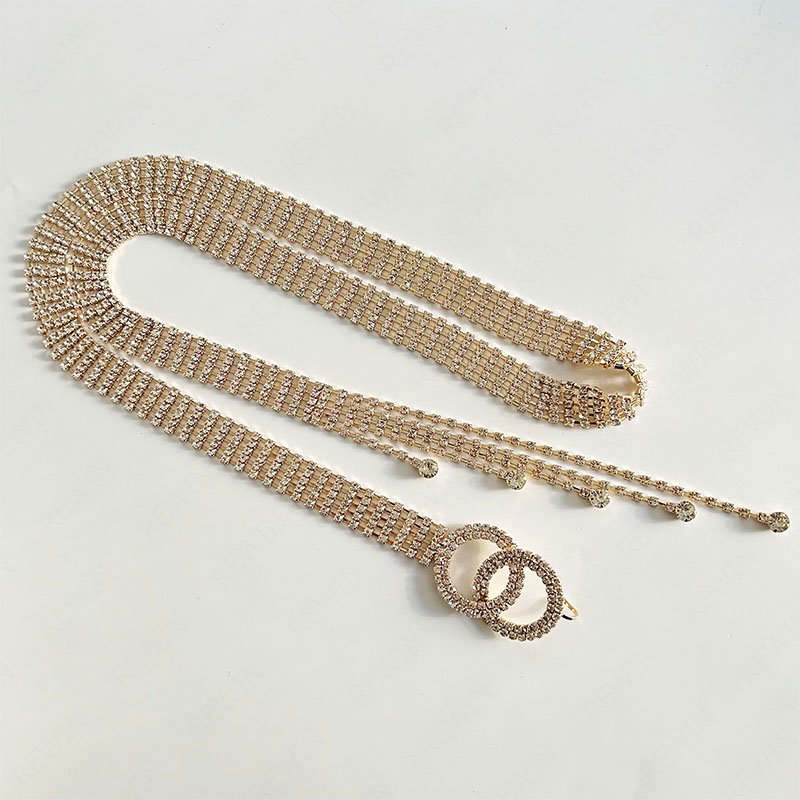 REWIN Fashion Women Sparkle Rhinestone Body Chain Belt With Double O-Ring Waistband Belt Crystal Waist Belt With Shinny Tassel