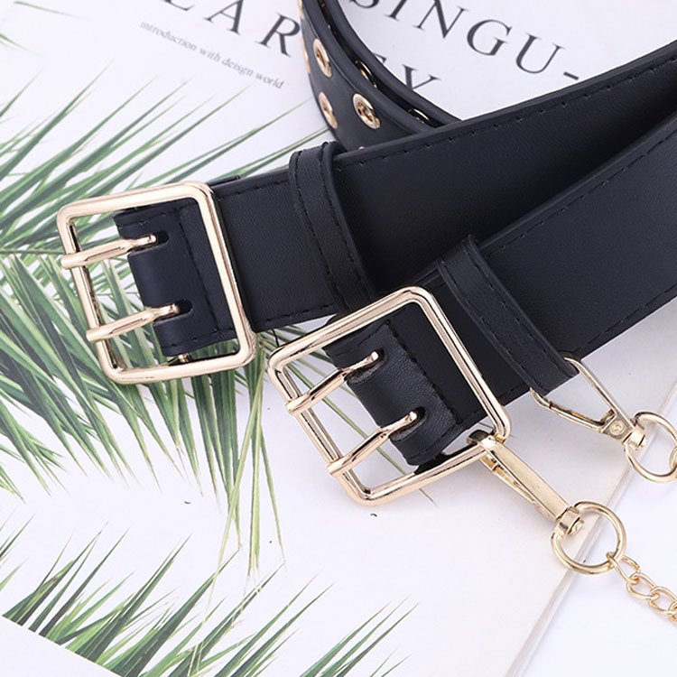 Fashion Perforated Double Row Chain Belt Luxury Pu Leather Punk Pants Belt For Woman