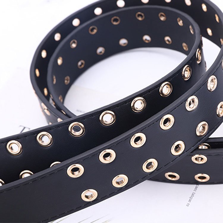 Fashion Perforated Double Row Chain Belt Luxury Pu Leather Punk Pants Belt For Woman