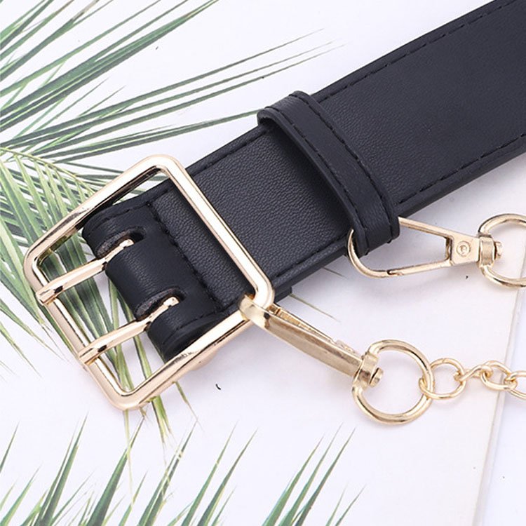 Fashion Perforated Double Row Chain Belt Luxury Pu Leather Punk Pants Belt For Woman