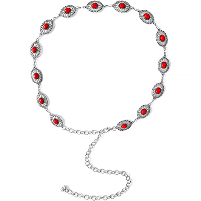 Fashion Adjustable Metal Silver Oval Flower Turquoise Woman Belt Chains Western Concho Gold Waist Chain Belts For Ladies