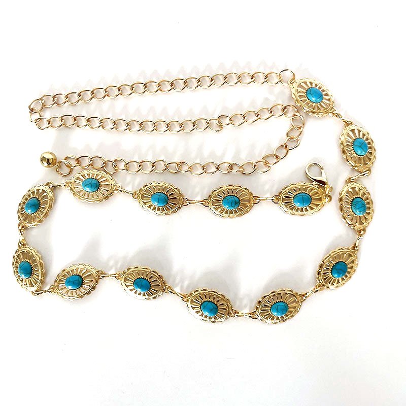 Fashion Adjustable Metal Silver Oval Flower Turquoise Woman Belt Chains Western Concho Gold Waist Chain Belts For Ladies