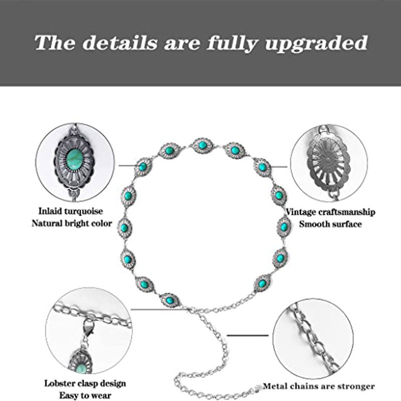 Fashion Adjustable Metal Silver Oval Flower Turquoise Woman Belt Chains Western Concho Gold Waist Chain Belts For Ladies