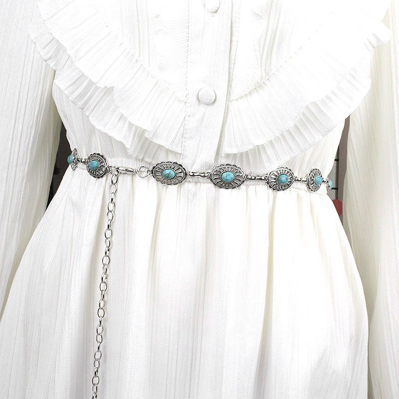 Fashion Adjustable Metal Silver Oval Flower Turquoise Woman Belt Chains Western Concho Gold Waist Chain Belts For Ladies