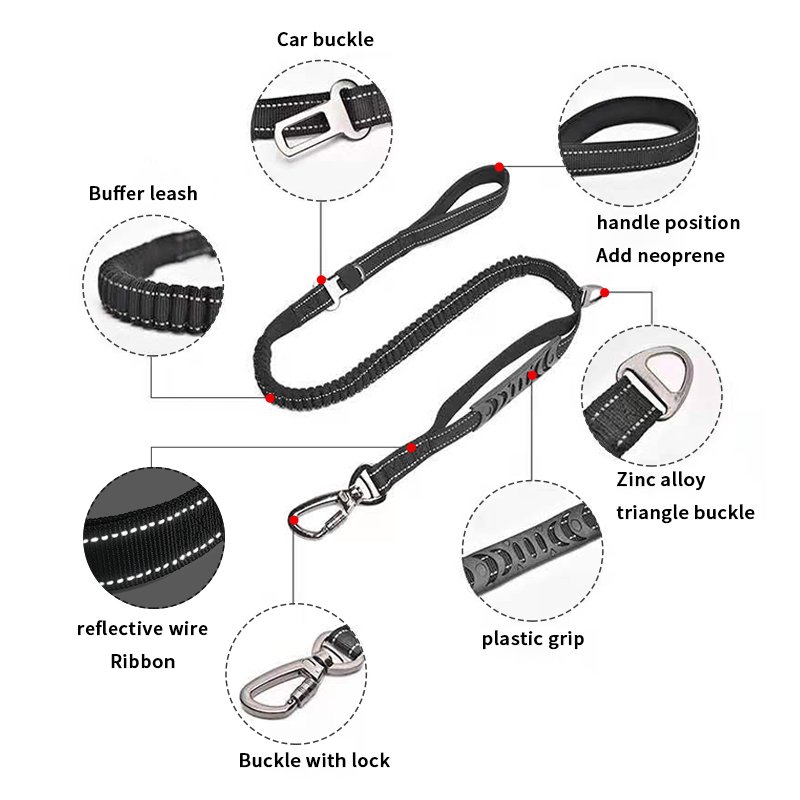Manufacturers Oem Custom Heavy Duty Long Reflective Bungee Pet Leashes Double Handle Pet Dog Seat Belt Multifunction Dog Leash