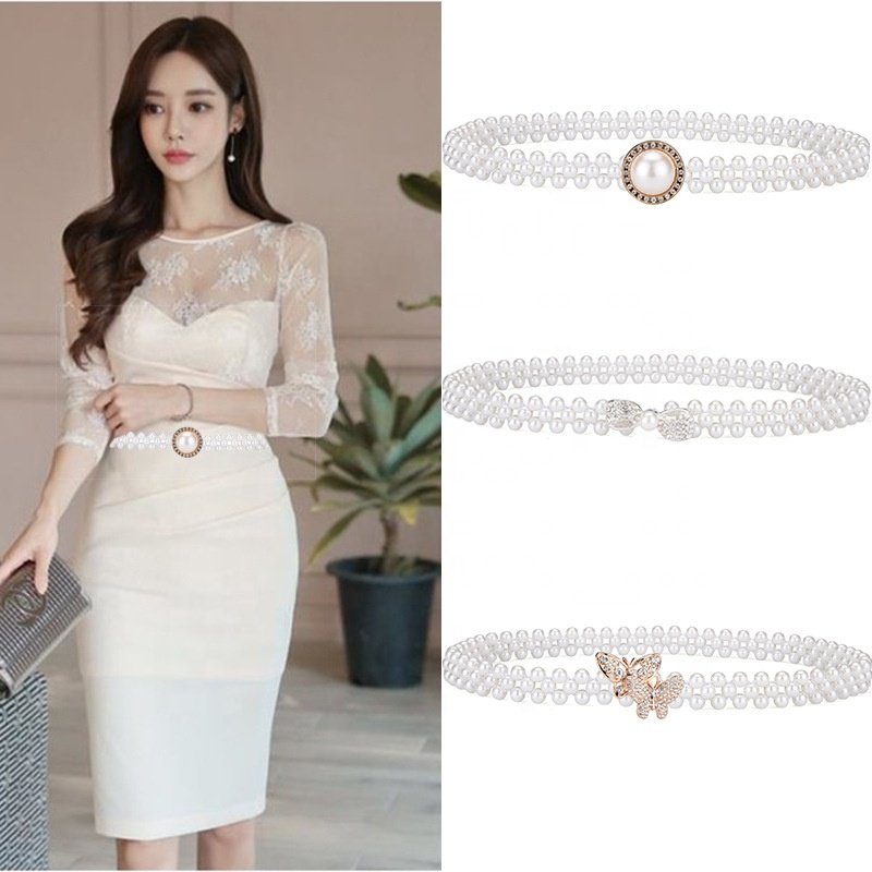 2024 women dress Elastic Pearl Slim Waist Belt Diamond Rhinestone Encrusted Buckle Skinny White Waist body Chain Belts