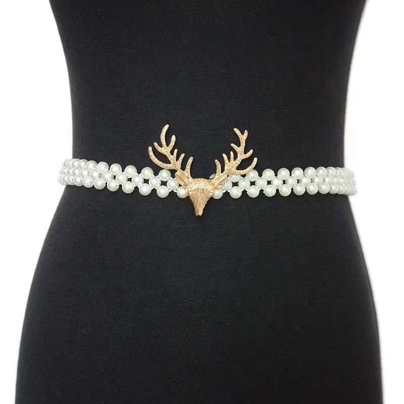 2024 women dress Elastic Pearl Slim Waist Belt Diamond Rhinestone Encrusted Buckle Skinny White Waist body Chain Belts