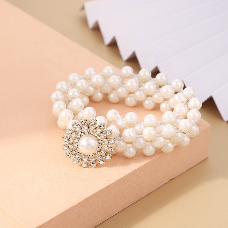 2024 women dress Elastic Pearl Slim Waist Belt Diamond Rhinestone Encrusted Buckle Skinny White Waist body Chain Belts