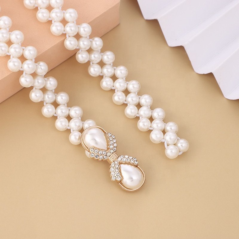 2024 women dress Elastic Pearl Slim Waist Belt Diamond Rhinestone Encrusted Buckle Skinny White Waist body Chain Belts