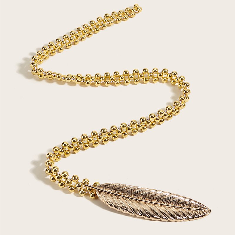 Fascinating Leaf Clasp Buckle Golden Silver Feather Beaded Waist Chain Women Metal Dress Belt