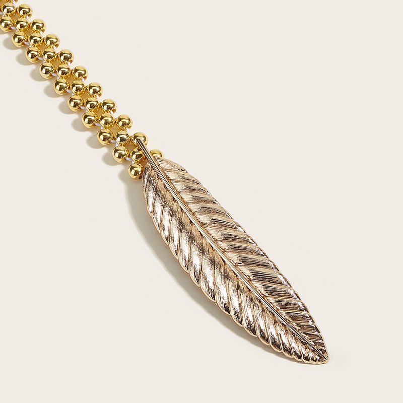 Fascinating Leaf Clasp Buckle Golden Silver Feather Beaded Waist Chain Women Metal Dress Belt