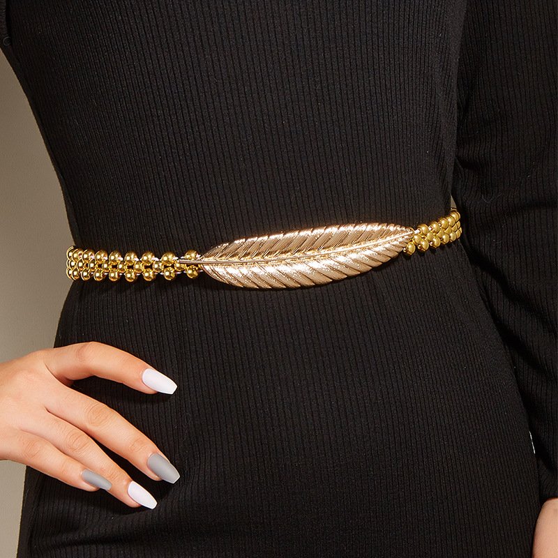Fascinating Leaf Clasp Buckle Golden Silver Feather Beaded Waist Chain Women Metal Dress Belt
