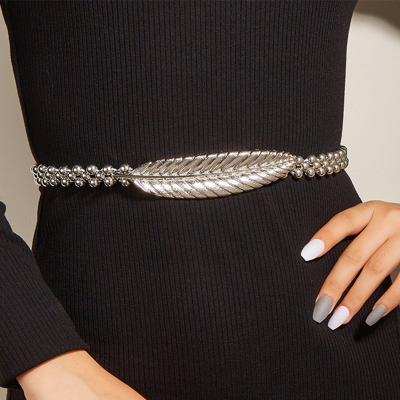 Fascinating Leaf Clasp Buckle Golden Silver Feather Beaded Waist Chain Women Metal Dress Belt