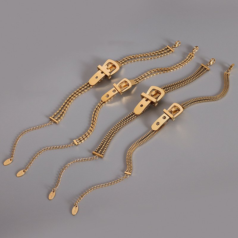 Punk 18K Gold Plated Indian Jewelry Stainless Steel 3 Layers Beads Box Chain Watch Belt Buckle Stackable Bracelets For Women