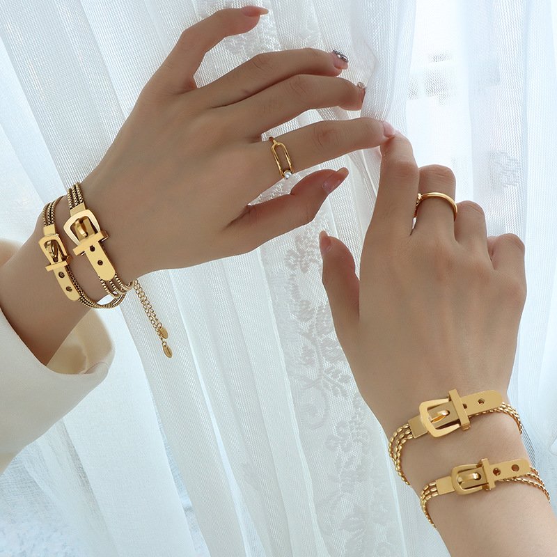Punk 18K Gold Plated Indian Jewelry Stainless Steel 3 Layers Beads Box Chain Watch Belt Buckle Stackable Bracelets For Women