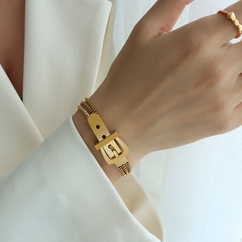 Punk 18K Gold Plated Indian Jewelry Stainless Steel 3 Layers Beads Box Chain Watch Belt Buckle Stackable Bracelets For Women