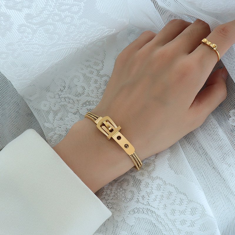 Punk 18K Gold Plated Indian Jewelry Stainless Steel 3 Layers Beads Box Chain Watch Belt Buckle Stackable Bracelets For Women