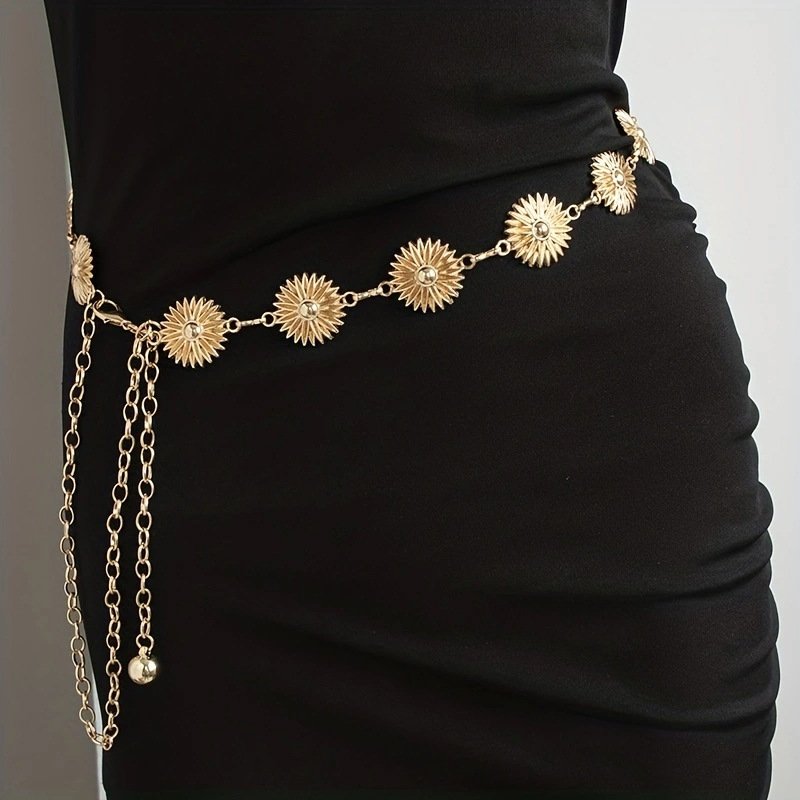 Fashion ladies sweet metal daisy flower carved waist chain belt dress decorative waist chain wholesale