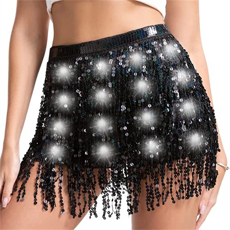 Exquisite Shiny Sequin tassel waist Belt chain wit led light Halloween belly dance performance hip scarf for women