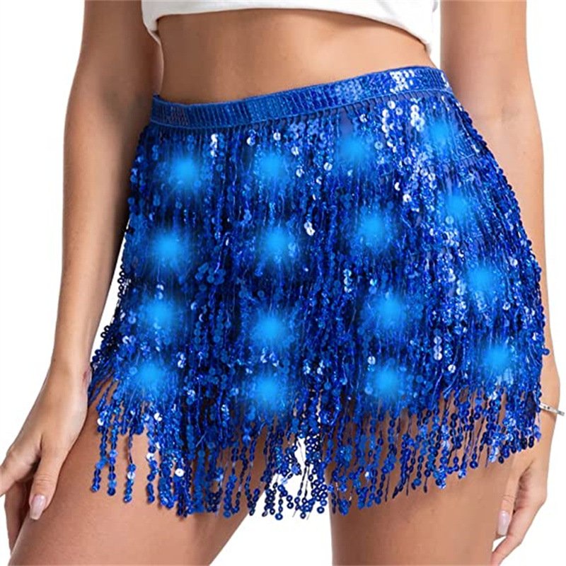 Exquisite Shiny Sequin tassel waist Belt chain wit led light Halloween belly dance performance hip scarf for women