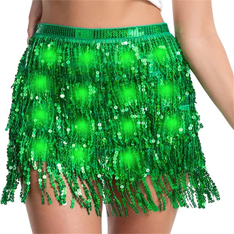 Exquisite Shiny Sequin tassel waist Belt chain wit led light Halloween belly dance performance hip scarf for women