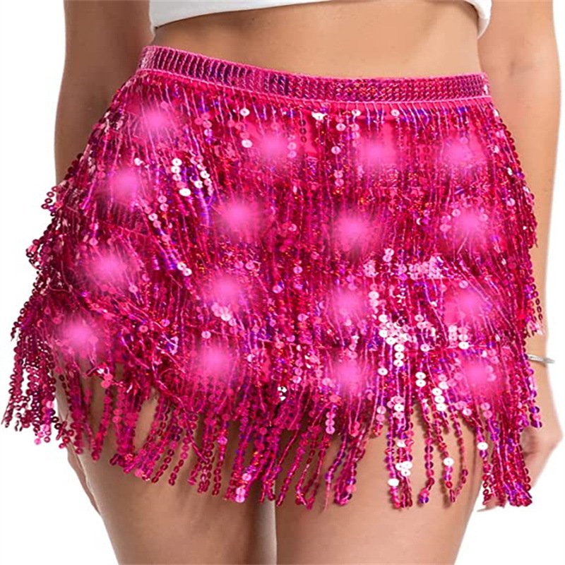 Exquisite Shiny Sequin tassel waist Belt chain wit led light Halloween belly dance performance hip scarf for women