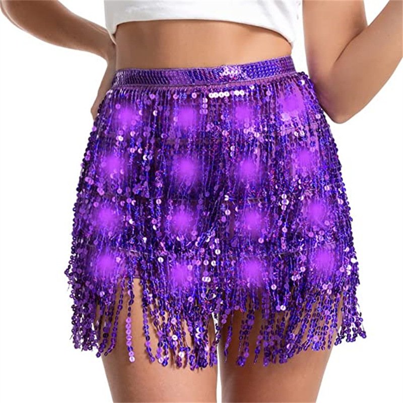 Exquisite Shiny Sequin tassel waist Belt chain wit led light Halloween belly dance performance hip scarf for women