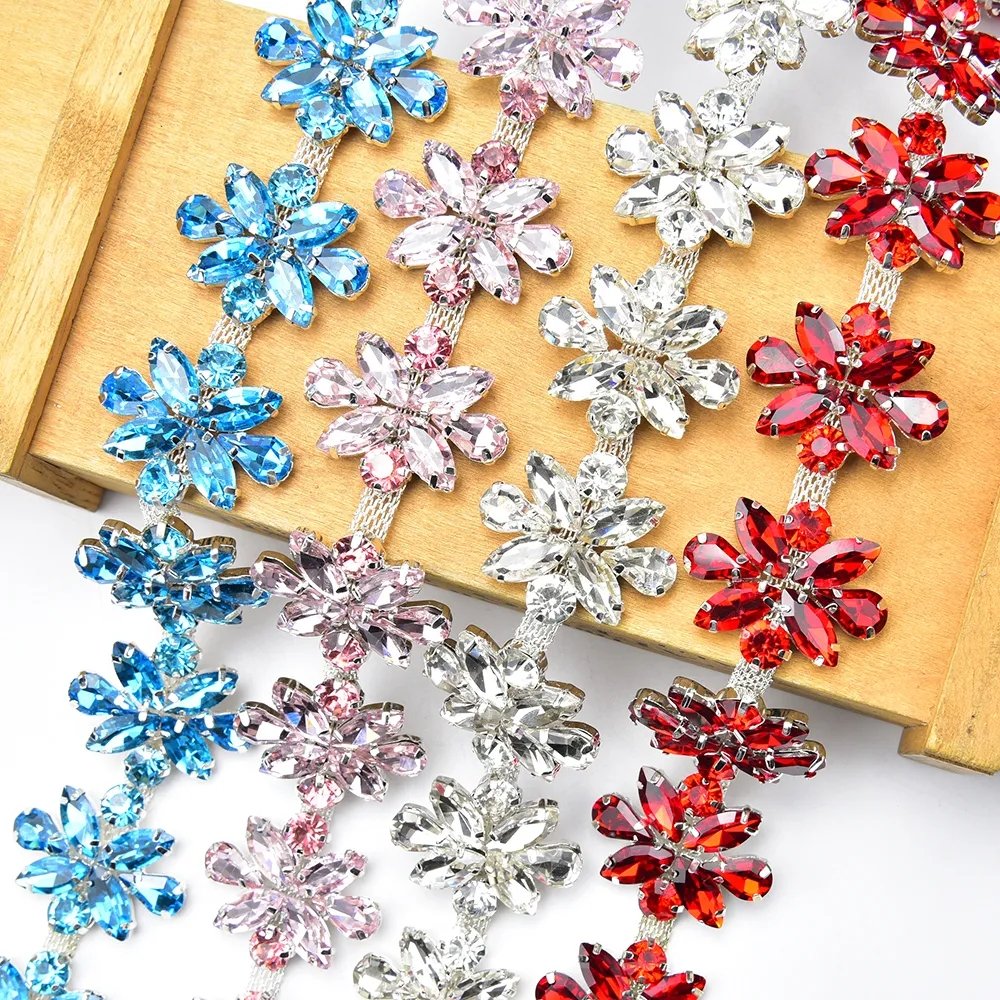 Rhinestone Flower Cup Chain Trim Sew on Applique Garment Belt Decoration Vamp Dress Accessories Crystal Horse Eye Acrylic Tassel