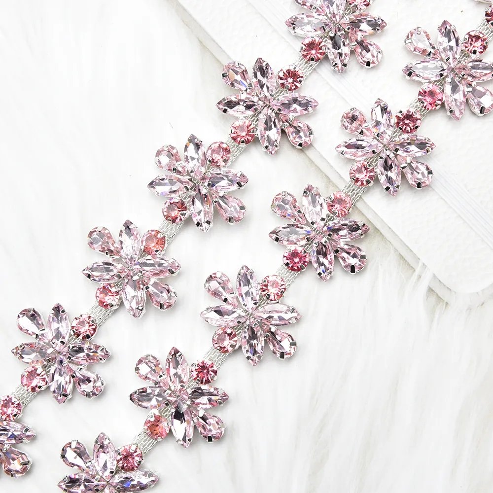 Rhinestone Flower Cup Chain Trim Sew on Applique Garment Belt Decoration Vamp Dress Accessories Crystal Horse Eye Acrylic Tassel