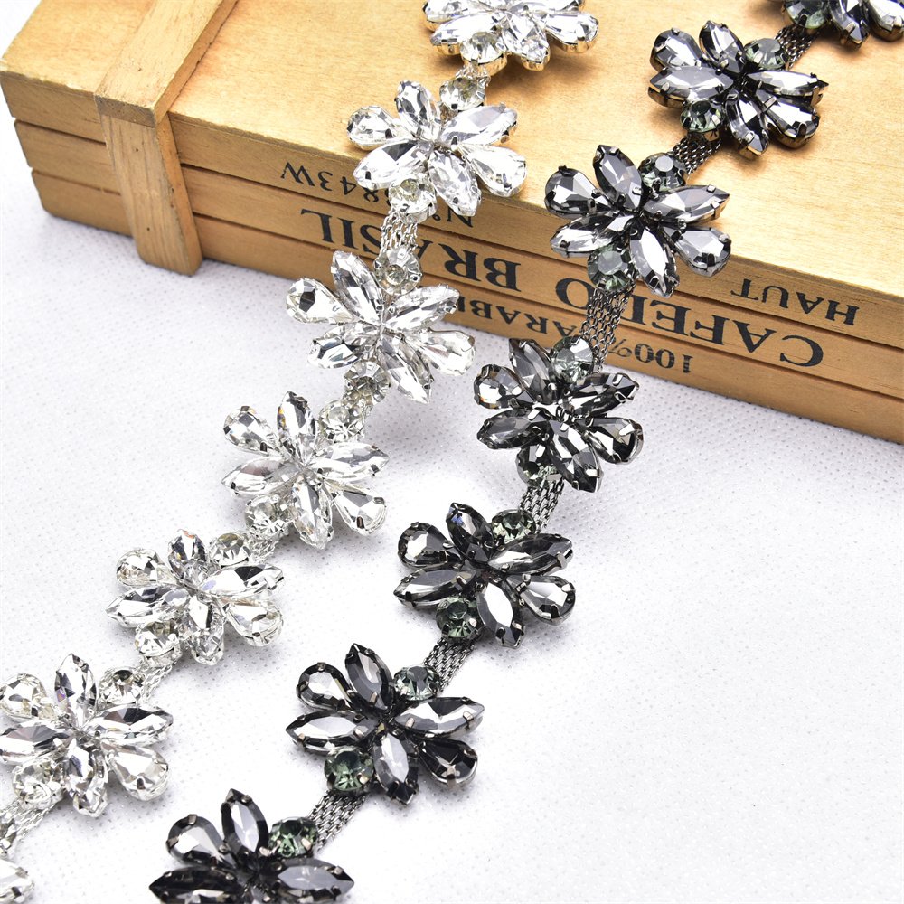 Rhinestone Flower Cup Chain Trim Sew on Applique Garment Belt Decoration Vamp Dress Accessories Crystal Horse Eye Acrylic Tassel