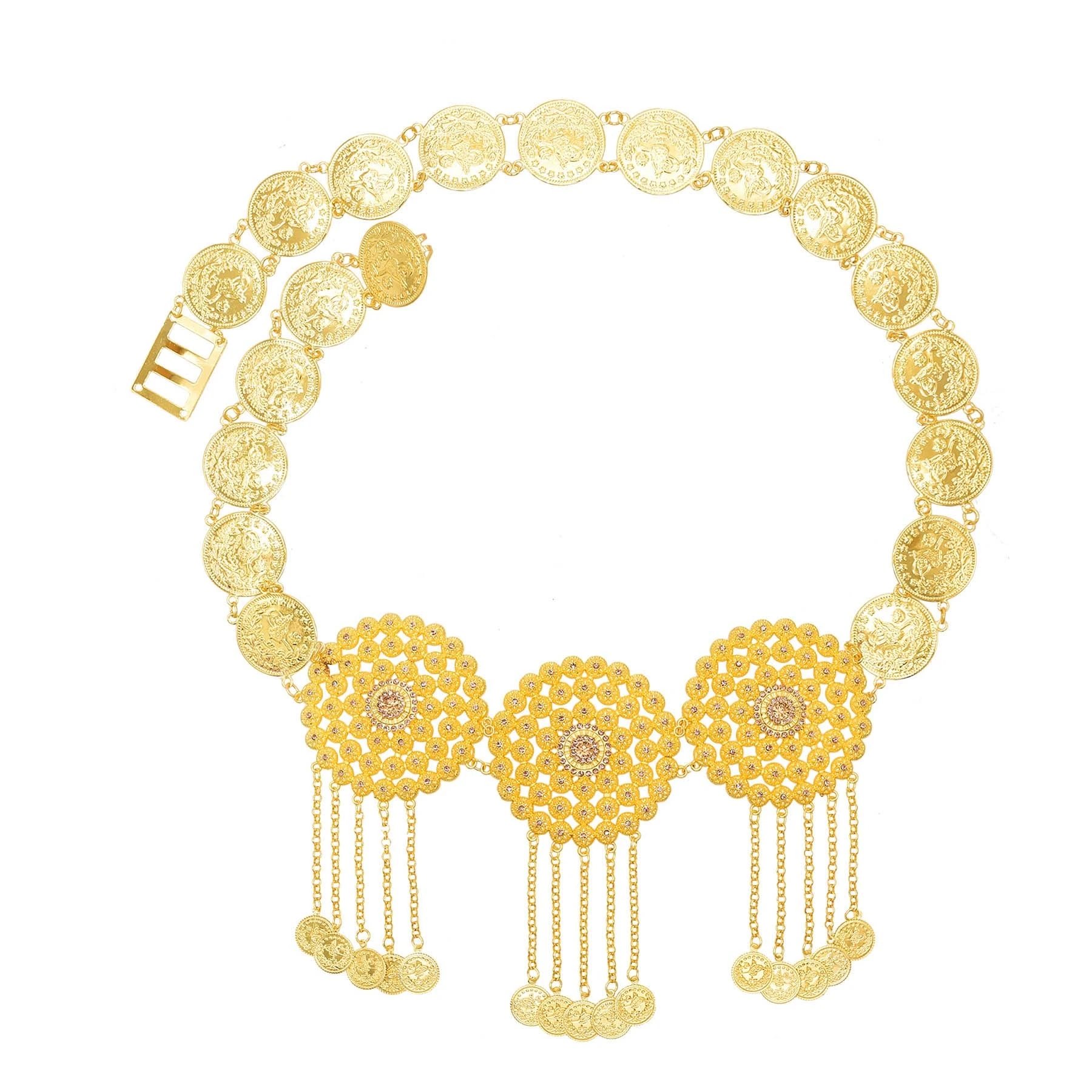 Gold Plated Hollow Round Flower Long Chain Coins Tassel Waist Chain Middle Eastern Ethnic Body Jewelry