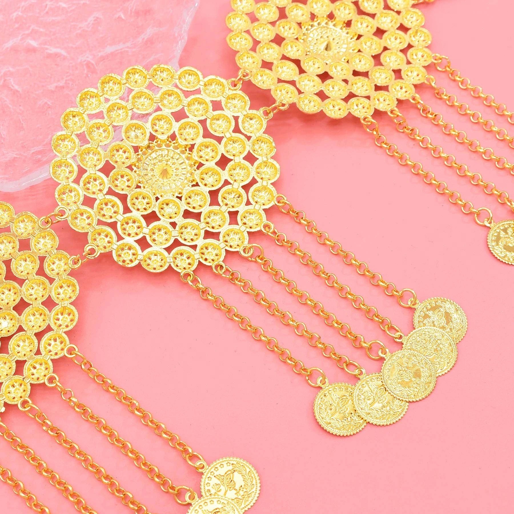 Gold Plated Hollow Round Flower Long Chain Coins Tassel Waist Chain Middle Eastern Ethnic Body Jewelry