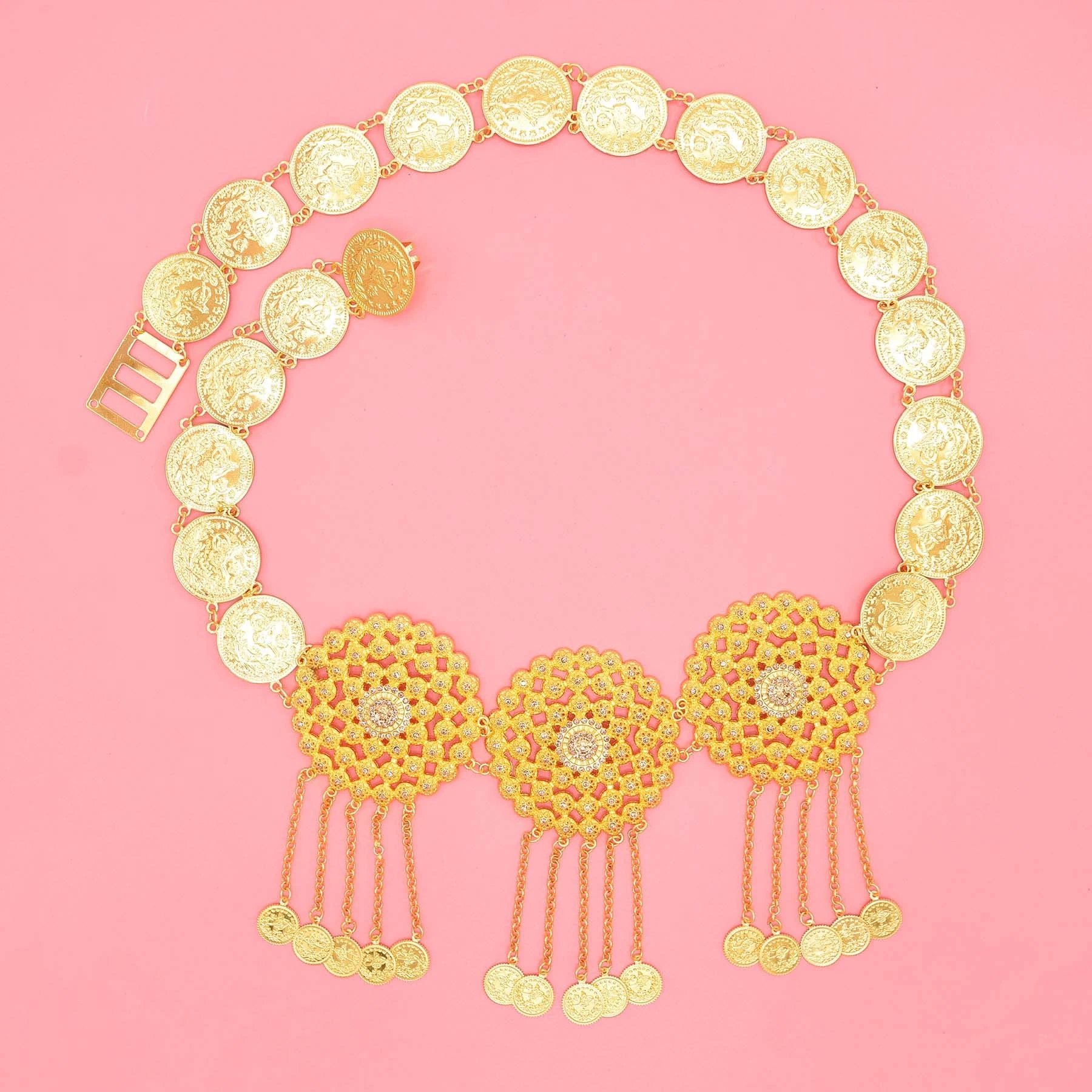 Gold Plated Hollow Round Flower Long Chain Coins Tassel Waist Chain Middle Eastern Ethnic Body Jewelry