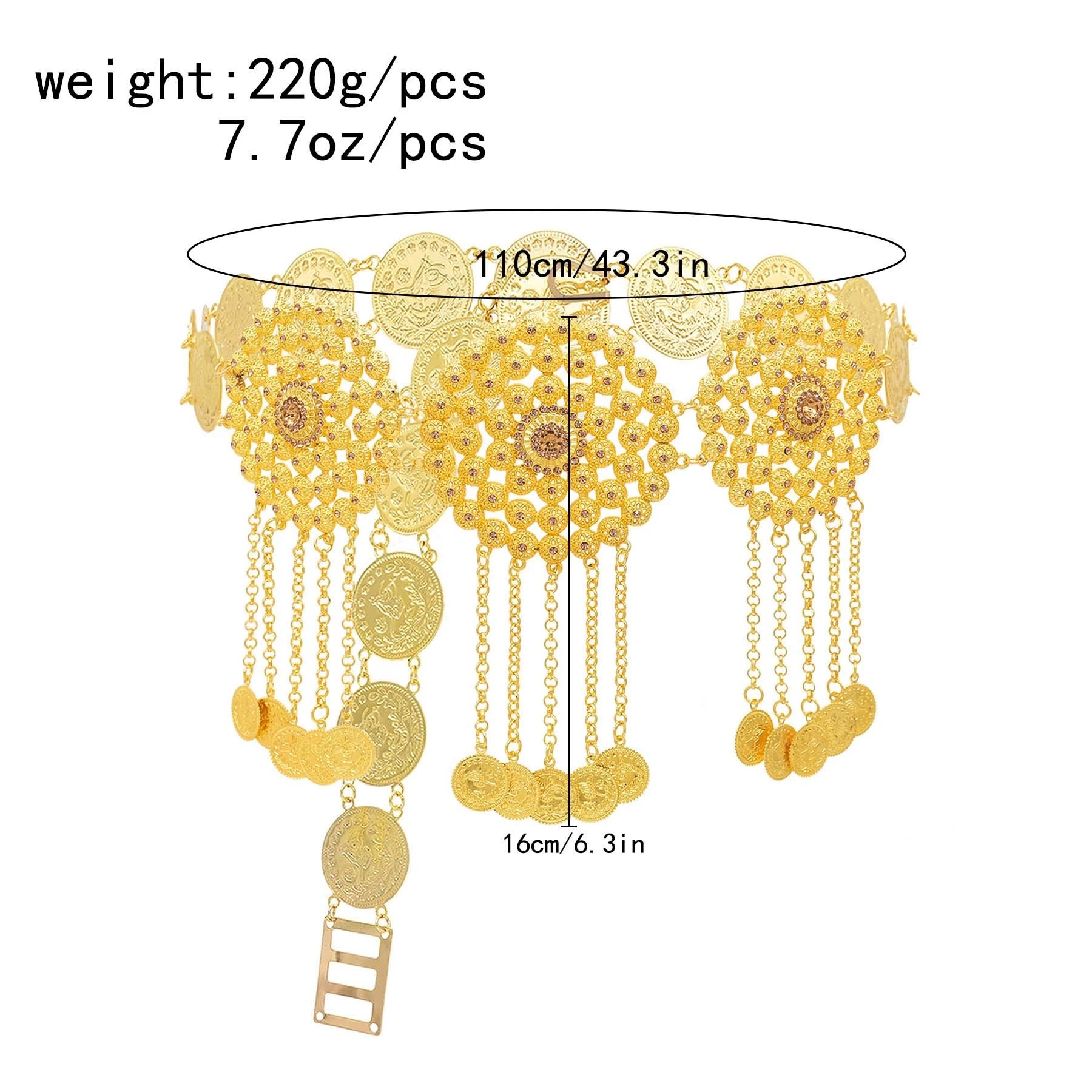 Gold Plated Hollow Round Flower Long Chain Coins Tassel Waist Chain Middle Eastern Ethnic Body Jewelry