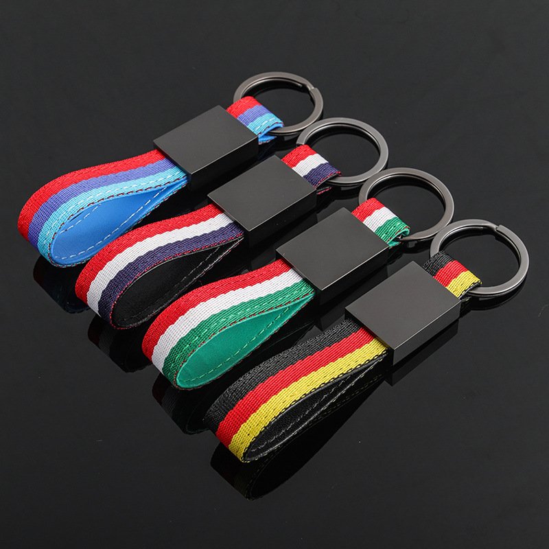 New style woven belt franch flag car keychains and italy flag braided strap car key chain with laser logo