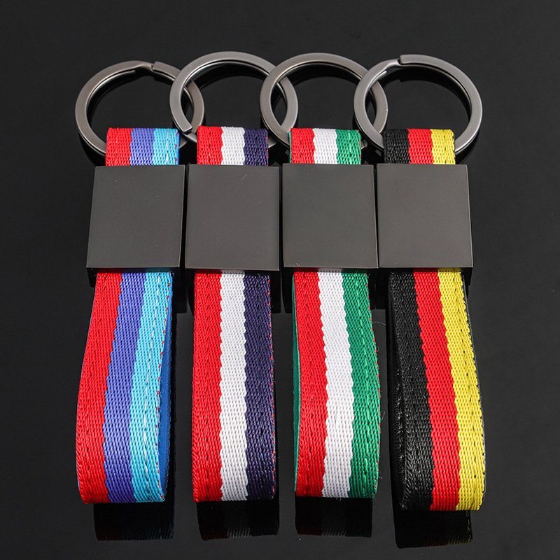 New style woven belt franch flag car keychains and italy flag braided strap car key chain with laser logo