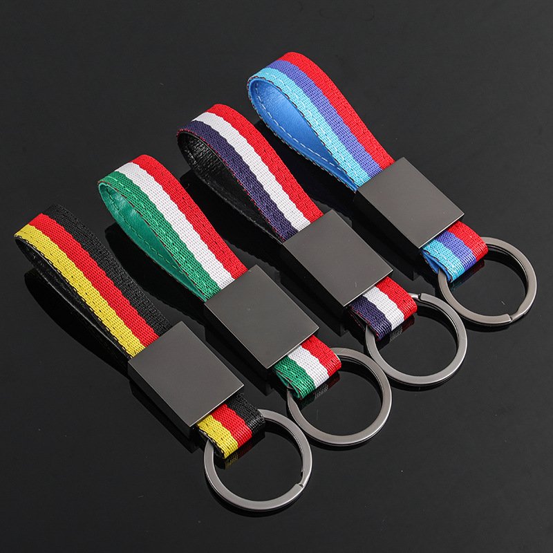New style woven belt franch flag car keychains and italy flag braided strap car key chain with laser logo