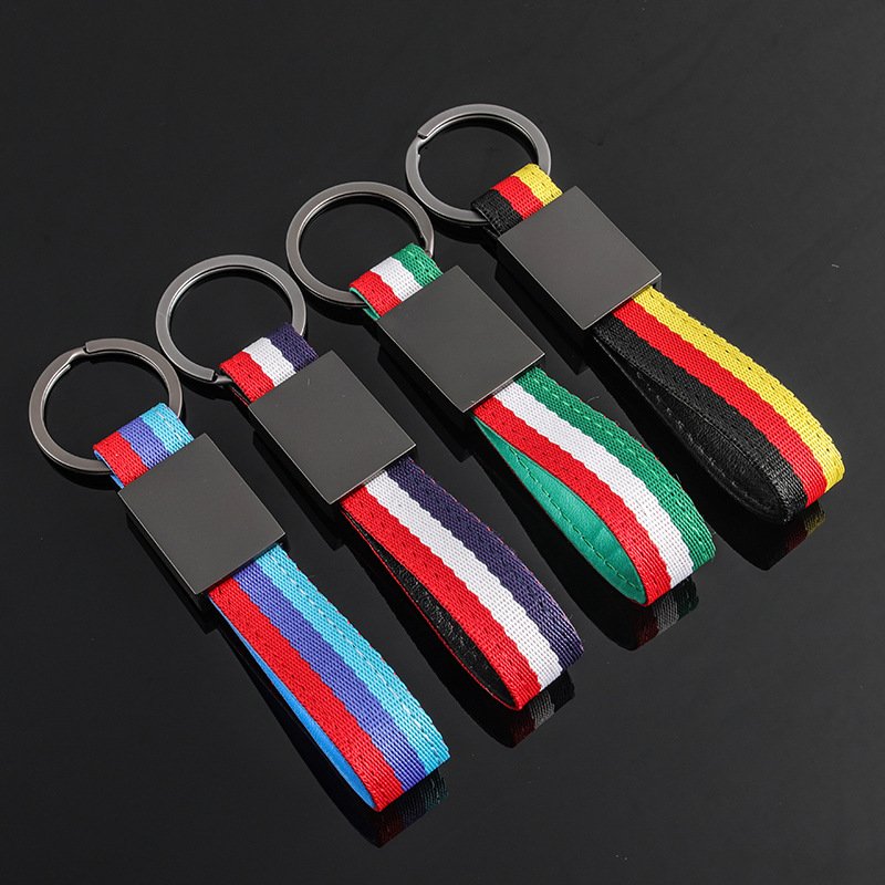 New style woven belt franch flag car keychains and italy flag braided strap car key chain with laser logo