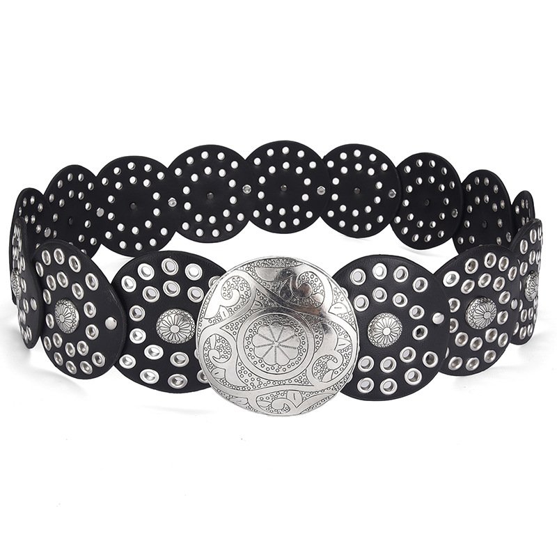 Wholesale Western Belts for Women Wide Hollow Disc Leather Belt Cowgirl Waist Belt for Jeans Dresses with Metal Buckle