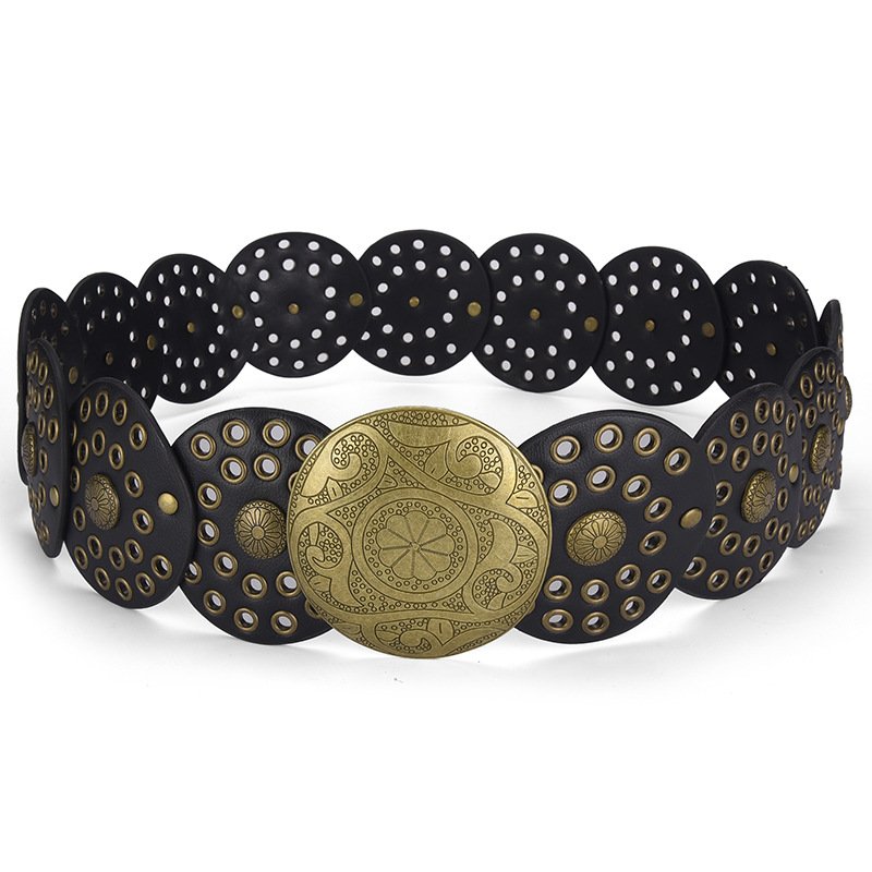 Wholesale Western Belts for Women Wide Hollow Disc Leather Belt Cowgirl Waist Belt for Jeans Dresses with Metal Buckle