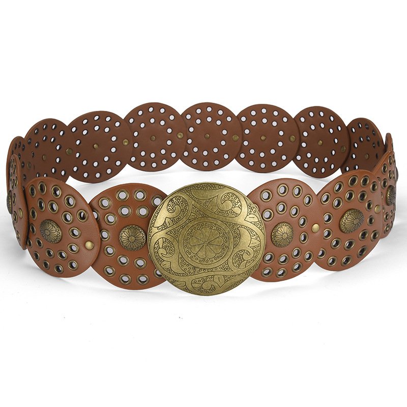 Wholesale Western Belts for Women Wide Hollow Disc Leather Belt Cowgirl Waist Belt for Jeans Dresses with Metal Buckle