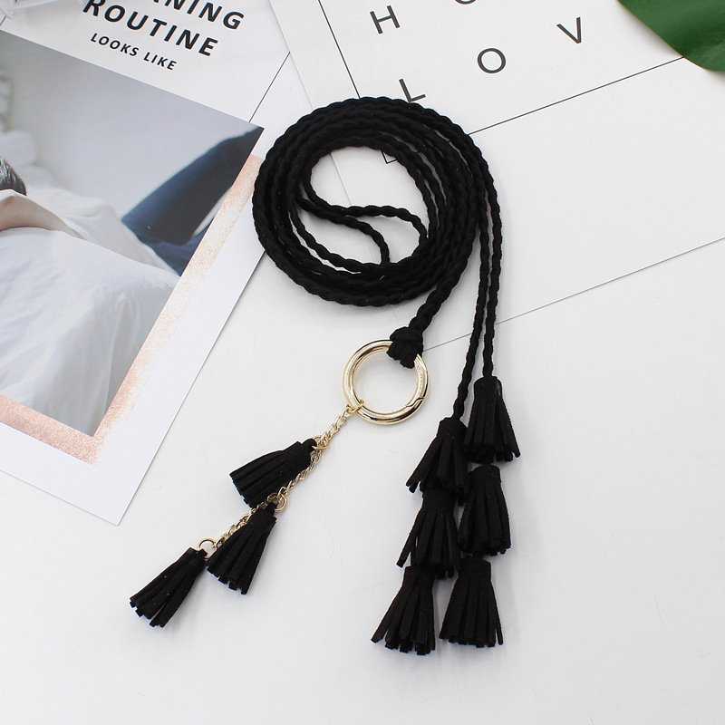 Fashion Women Solid Color Braided Tassel Belt 2024 New Boho Girls Thin Waist Rope Knit Belts For Dress Waistbands Accessories
